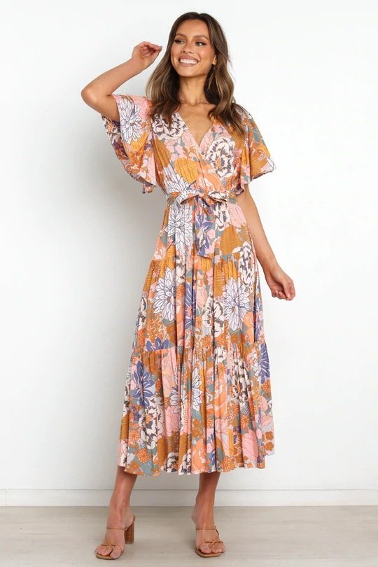 V-Neck Commuter Print Short Sleeve Nipped Waist Bohemian Dress