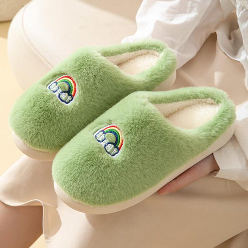 Kawaii Rainbow Embroidered Slippers Warm Slip On Plush Shoes Couple Indoor Home Slippers Winter - Image 3
