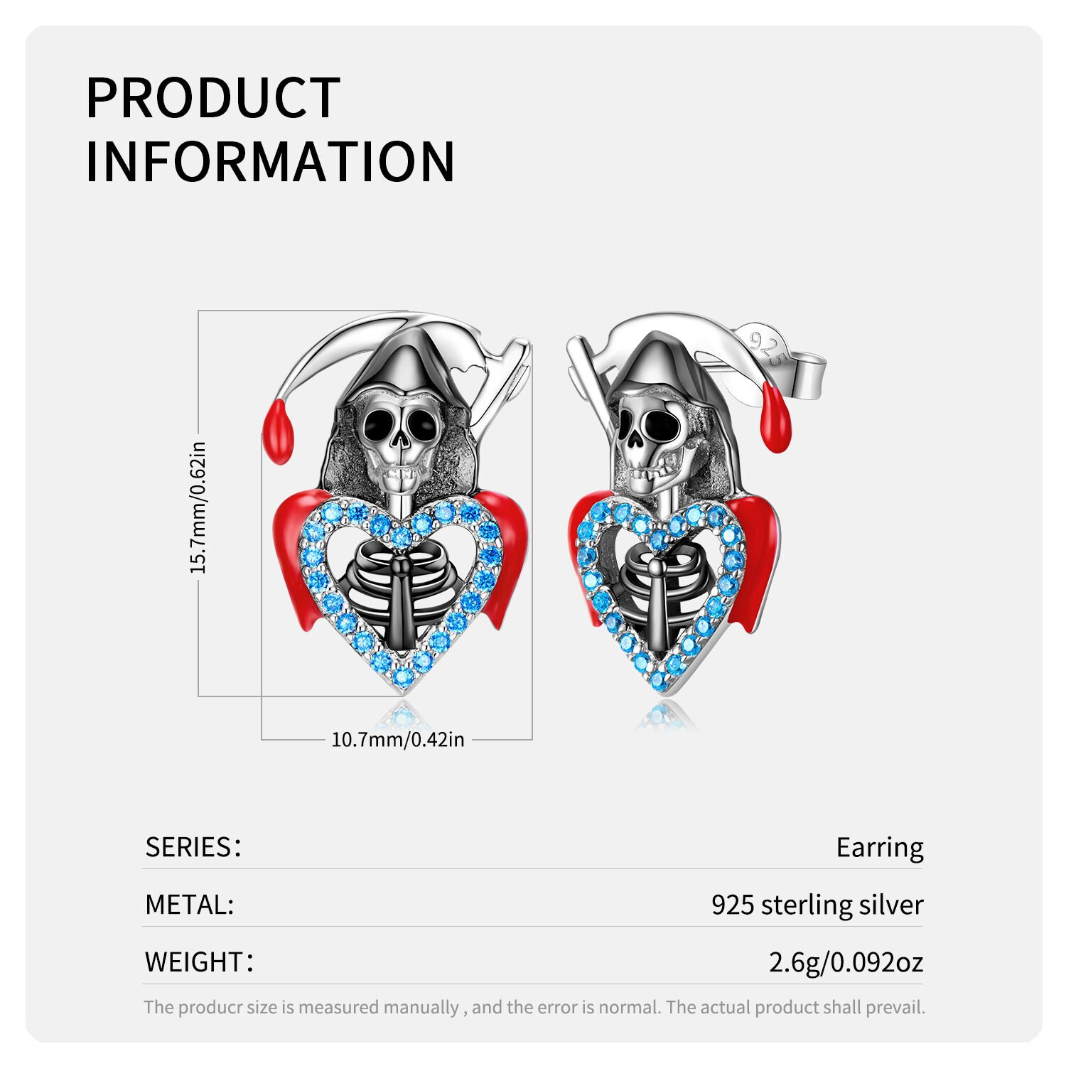 S925 Sterling Silver Death Skull Ear Studs With Zirconium Drop Glue - Image 3