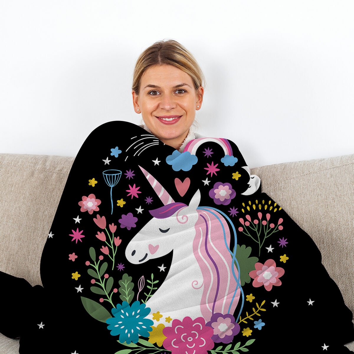 1 Pce Of Flannel Black Base Unicorn Pattern Soft And Fluffy Multifunctional Outdoor Beach Camping Living Room Sofa Office Nap Printed Blanket - Image 4