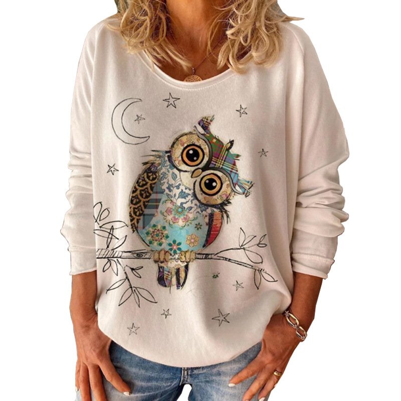 Owl Animal Print Long Sleeved Round Neck Loose - Image 2