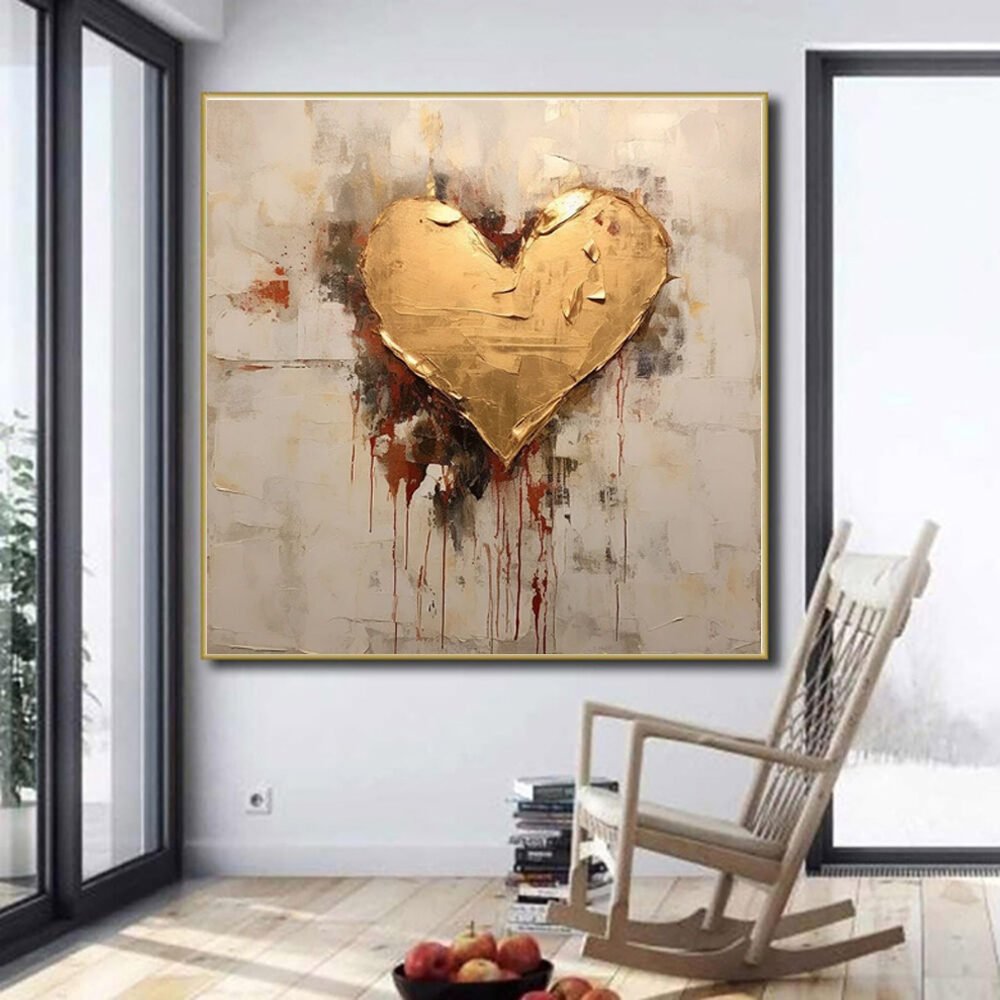 Abstract Hand Painted Painting Golden Foil Heart Painting Canvas Oil Painting Modern Texture Wal Art Picture - Image 2