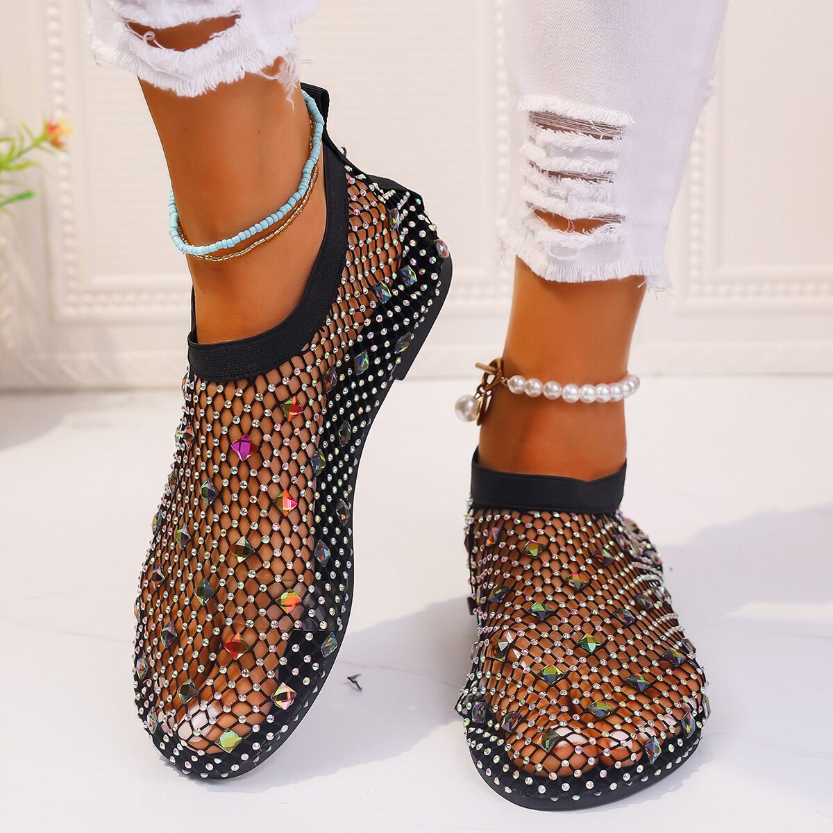 Fashion Mesh Flat Sandals With Colorful Rhinestone Design Summer New Round Toe Beach Shoes For Women - Image 2