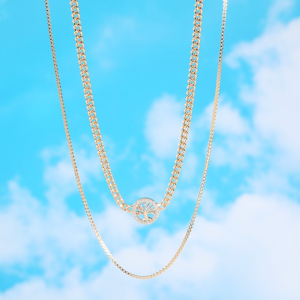 Gold Round Tree Of Life Copper Micro-Set Zircon Multilayer Necklace Accessory - Image 2