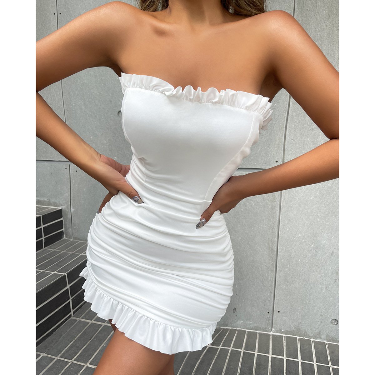 Women's Pleated European And American Summer Wrap Chest Ruffled Hip Dress - Image 2