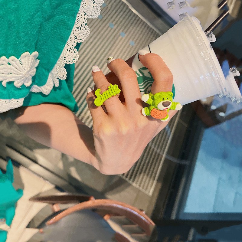 Korean Delicate Cute Green Exaggerated Bear Bow Ring Female