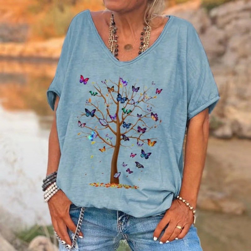 Loose Fashion V-neck Cartoon Digital Printed T-shirt - Image 13