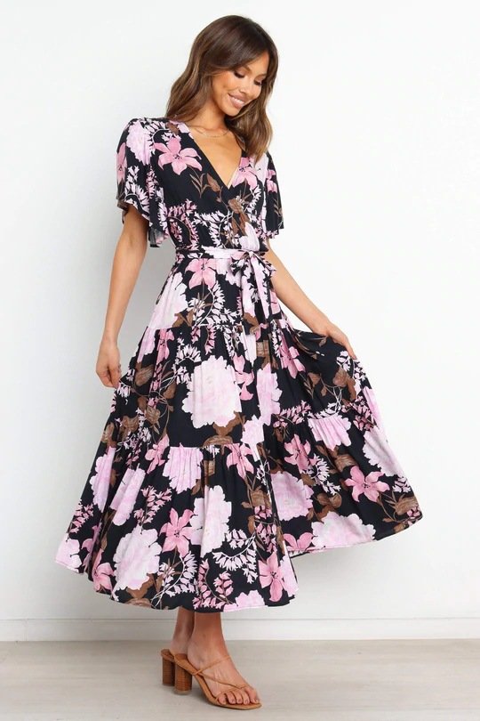 V-Neck Commuter Print Short Sleeve Nipped Waist Bohemian Dress - Image 5