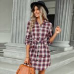 Women's Tie-Up Waist Shirt Plaid Dress