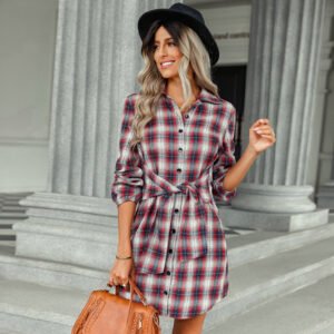 Women's Tie-Up Waist Shirt Plaid Dress
