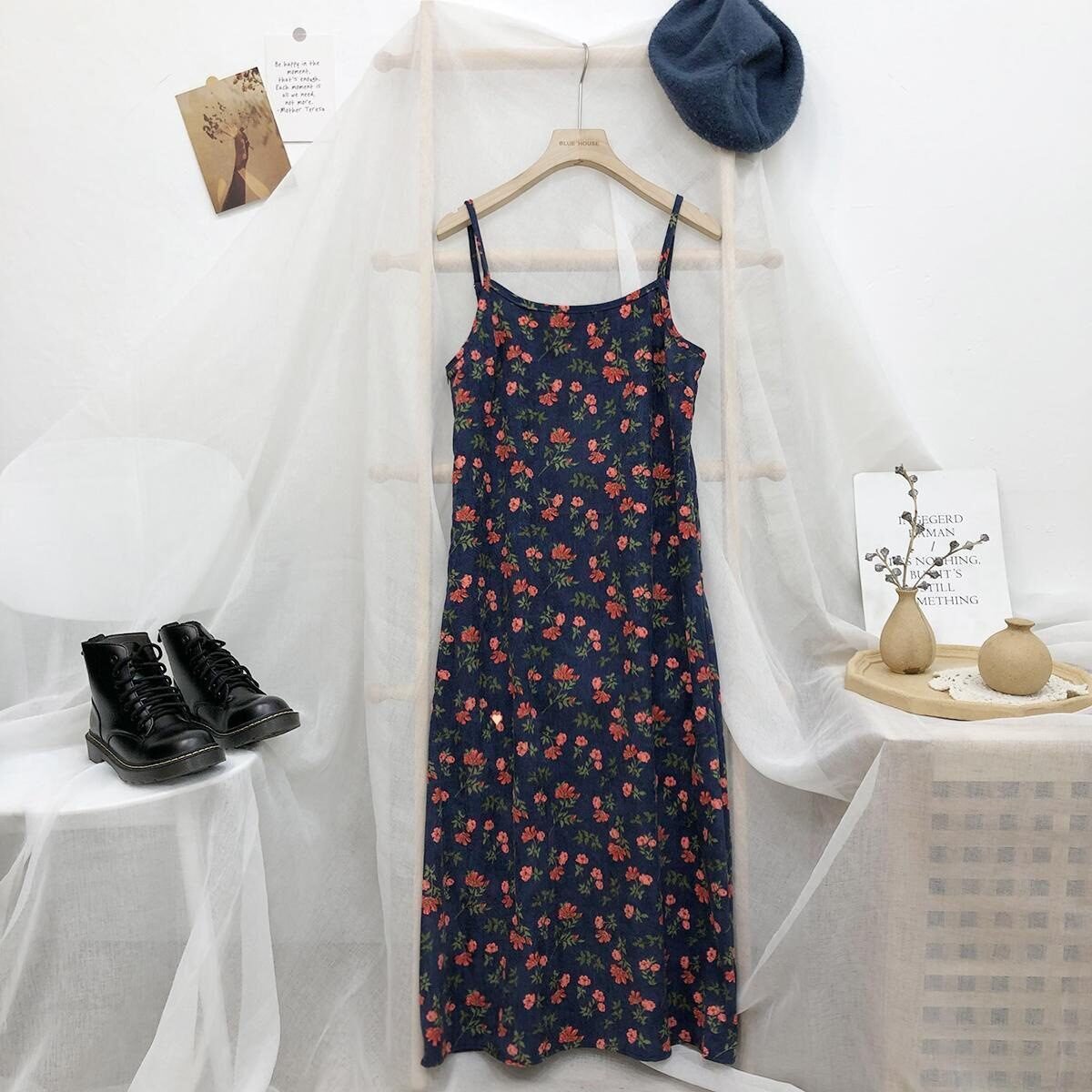 Sleeveless Dress Women Simple Print Daily Spring Corduroy Retro Soft Lovely - Image 5