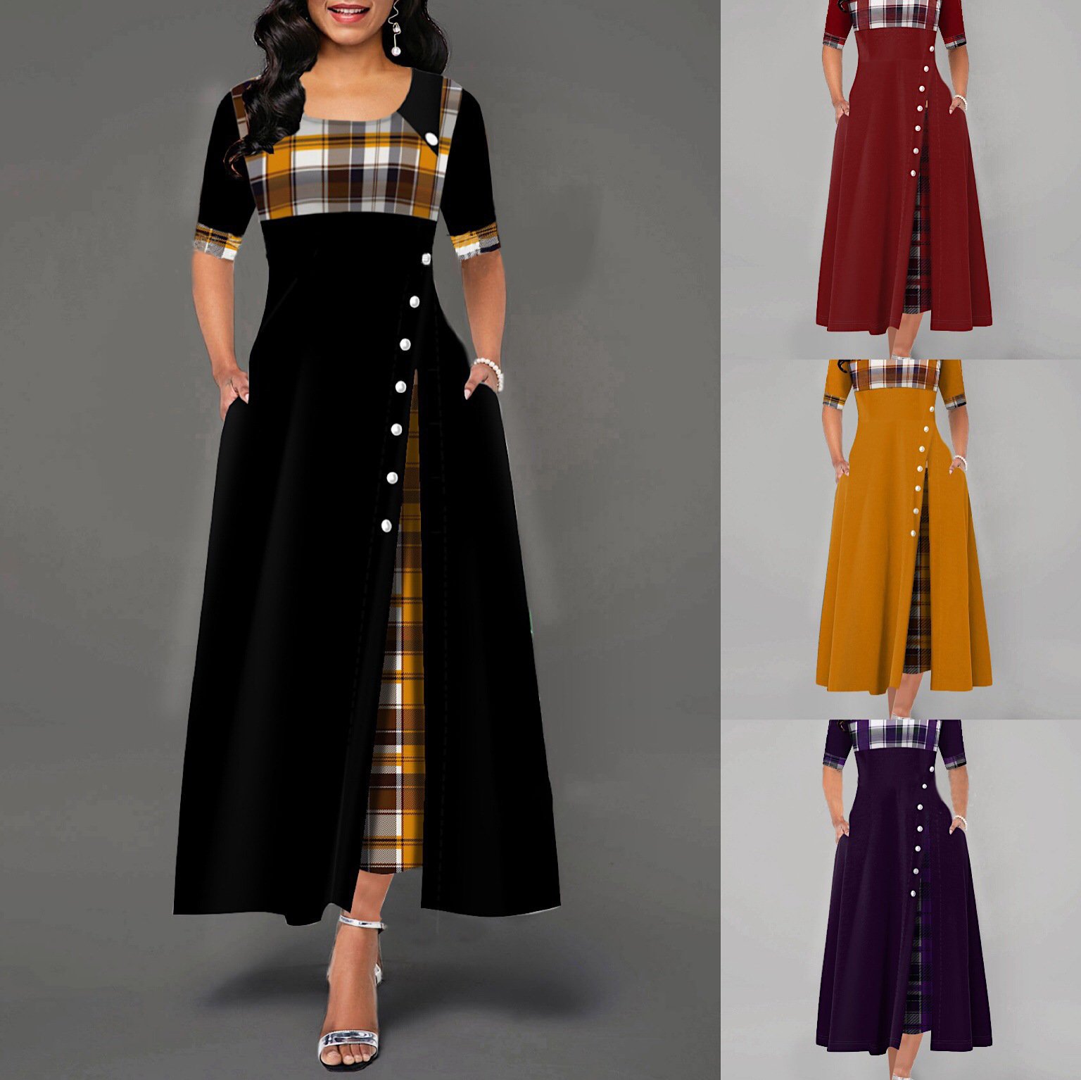 Women's Round Neck Contrast Mid Sleeve Irregular Long Dress