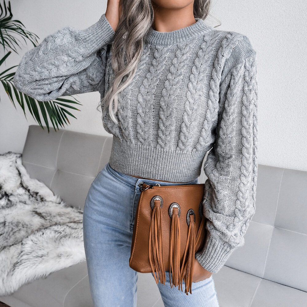 Cable Knit Waist Cinched Cropped Sweater - Image 4