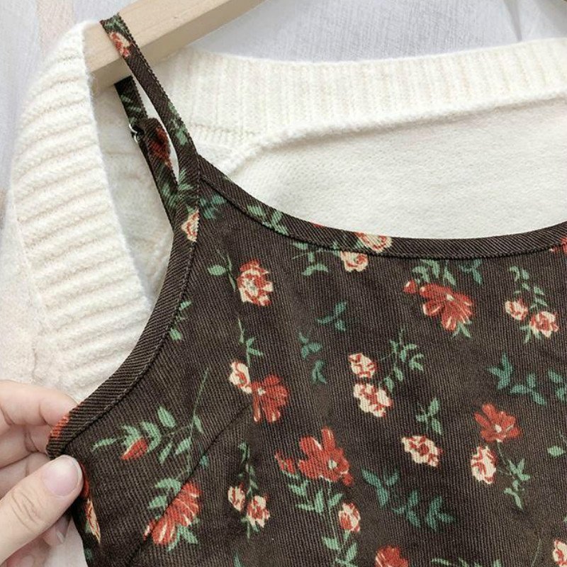Sleeveless Dress Women Simple Print Daily Spring Corduroy Retro Soft Lovely - Image 6