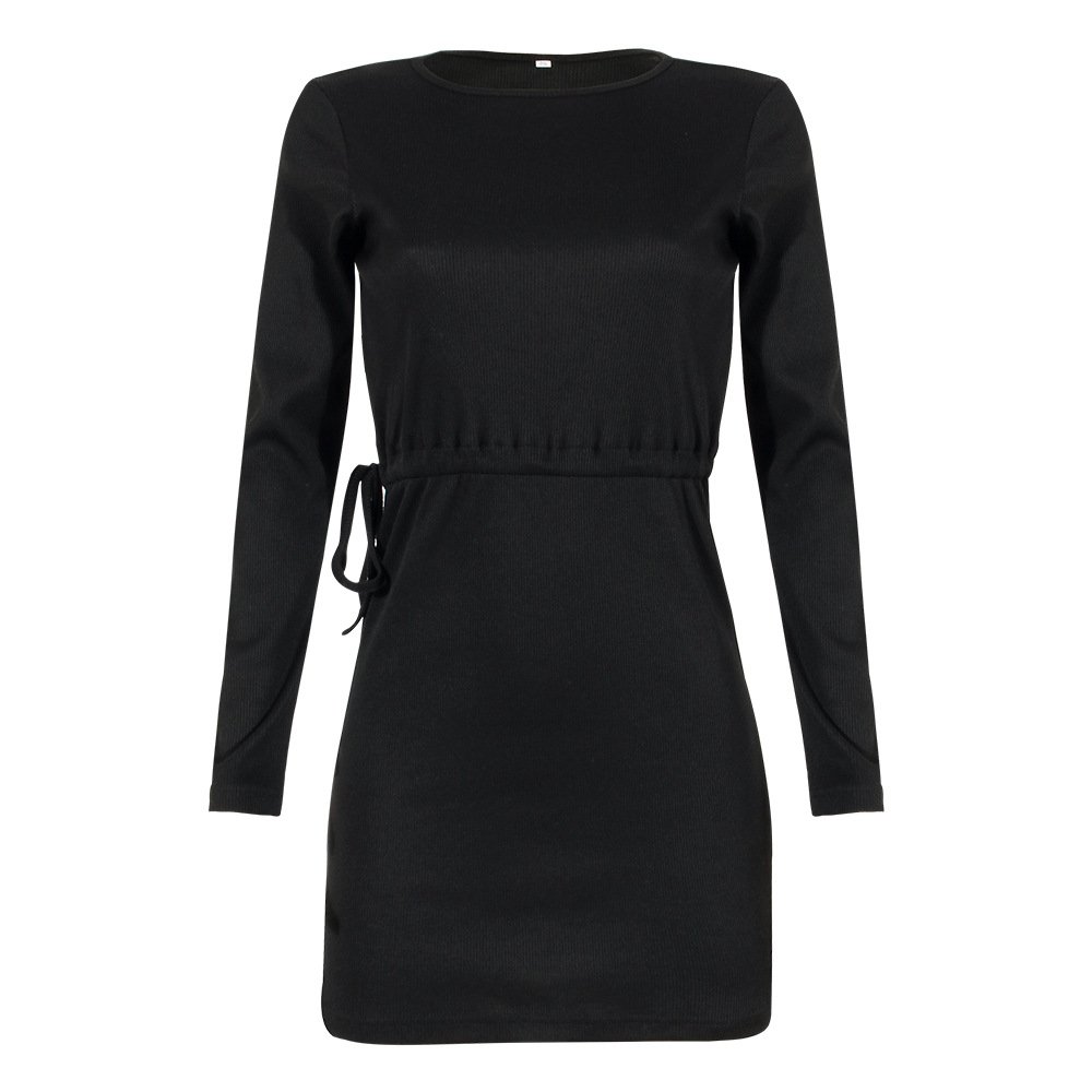 Fashion Solid Color Long-Sleeved Lace-Up Dress - Image 9
