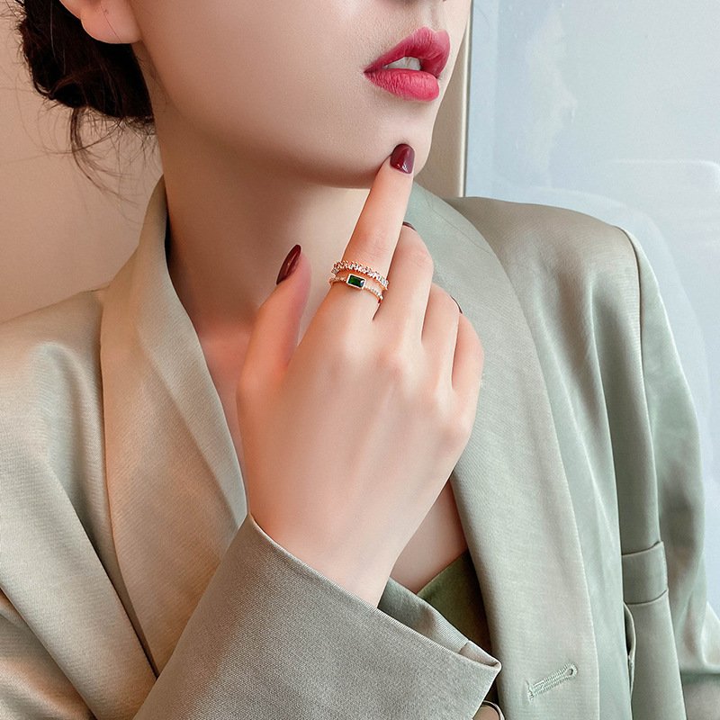 Retro Malachite Green Diamond Double-layer Ring Female Ins Tide Niche Index Finger Ring Simple Temperament Net Red - Image 4