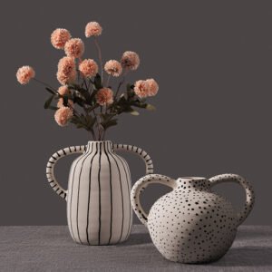 Modern Minimalist Hand-Painted Striped Ceramic Vase With Two Handles