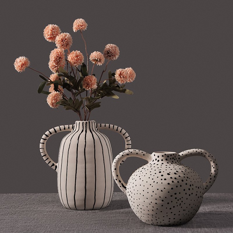 Modern Minimalist Hand-Painted Striped Ceramic Vase With Two Handles